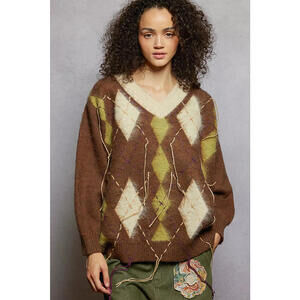 V-Neck Argyle Pattern Mohair Sweater with Contrast Exposed Stitch Detail